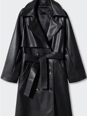 Mango Black Faux Leather Trench Coat with Belt